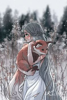 a drawing of a woman holding a fox in the snow with trees in the background