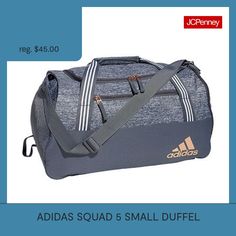 This adidas duffel bag is designed for the gym, team travel or a weekend away. It has a roomy main compartment with inner zip pockets. A ventilated shoe garage keeps wet or muddy items separate. A mesh pocket at the other end holds your water bottle.Closure Type: ZipperPockets: 2 Outside Zipper PocketsMeasurements: 12 Height/Inches, 11 Width/Inches, 21 Depth/InchesBase Material: 100% PolyesterCare: Wipe CleanCountry of Origin: Imported Duffel Bags, Bags Backpacks, Duffel Bag, Zip Pockets, Garage, Water Bottle, Backpacks, Mesh, Gym