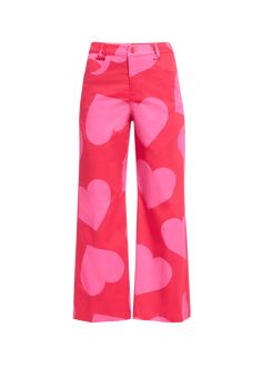 "Find LIBERTINE Pinky Red Heart Cropped Wide Leg Pants on Editorialist. Libertine \"Pinky\" pants in red heart print Cropped fit Mid rise sits high on hip Wide legs Fivepocket style Button/zip fly; belt loops Cotton/elastane Dry clean Made in USA" Cotton Bottoms With Heart Print, Pink Heart Print Bottoms For Spring, Fitted Cotton Bottoms With Heart Print, Pink Bottoms For Valentine's Day, Trendy Heart Print Bottoms For Spring, Fitted Pink Bottoms With Heart Print, Fitted Heart Print Bottoms For Spring, Pink Heart Print Bottoms For Summer, Trendy Pink Bottoms With Heart Print