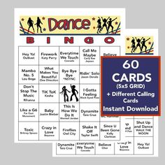 two cards with the words dance bingo on them