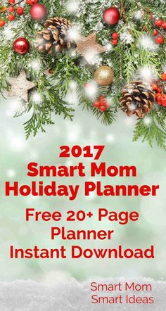 the smart mom holiday planner is shown with christmas decorations and pine cones on top of it