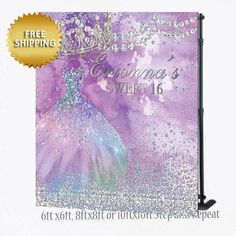 a purple and blue dress with sparkles on it is the front cover of a greeting card