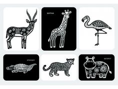 four different types of animals on black and white cards with an animal, giraffe, zebra, flamingo