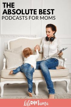 a woman sitting on top of a couch next to a little boy with headphones