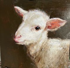 an oil painting of a white lamb in front of a black background with red ears