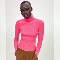 Zara Ribbed Turtleneck Sweater In Neon Pink.....Size S. Soft Super Stretch Ribbed Knit; 100% Polyamide. High Turtleneck Collar. Long Sleeves. Fitted. Pit To Pit 12". Length About 19.5". New With Tag. Y Pink Ribbed High Neck Top, Pink Fitted Fine Knit Top, High Stretch Ribbed Pink Top, Chic Pink Turtleneck Top, High Stretch Pink Winter Top, High Stretch Pink Top For Winter, Zara Ribbed Stretch Sweater, Fitted Pink Turtleneck Top, Zara Fitted Ribbed Sweater