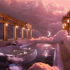 there is a hot tub in the sky with clouds around it and lights on above