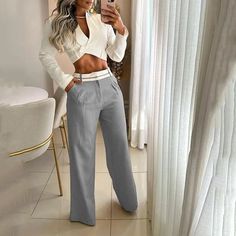 Color: Picture Color, Grey, Pink; Size: S, M, L, XL Trendy Suits, Lapel Top, Mid Waist Pants, Two Piece Pants Set, Loose Trousers, Polyester Pants, Trouser Suits, Pocket Pants, Office Fashion