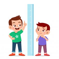 two boys are standing next to a tall ruler with one boy pointing at the other