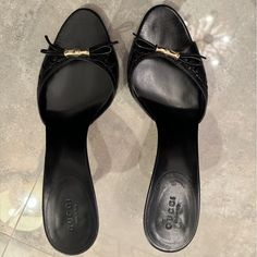 Vintage Gucci Open Toe Side Sandals. Size Us 8.5. Minor Wear As Shown On Side Of Shoe (Where Security Tag Was) And On Heels. Heel Measures 3/3.5” Including Back Insole. Designer Gucci Closed Toe Heels, Gucci Designer Slip-on Heels, Gucci Luxury Slip-on Heels, Luxury Gucci Slip-on Heels, Elegant Gucci Heels With Leather Sole, Designer Slip-on Heels For Evening, Designer Gucci Heels With Almond Toe, Designer Gucci Heels With Leather Sole, Designer Slip-on Heels With Padded Heel