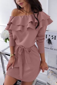 Pink Double Frill Off Shoulder Long Sleeve Dress Spring Off-shoulder Workwear Dresses, Spring Off-shoulder Solid Color Mini Dress, Off-shoulder Solid Color Mini Dress For Spring, Spring Off-shoulder Solid Mini Dress, Spring Solid Color Off-shoulder Mini Dress, Spring Chic Office Dresses, Pink Off-shoulder Mini Dress For Fall, Casual Pink Office Dress, Feminine Fall Office Dresses