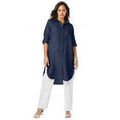 Our best-selling, versatile tunic silhouette is now available in linen! Personalize it with roll-tab sleeves that adjust from long to three-quarter length. Wear it on its own or layered over a tank or tee; tie it at the hip for a chic, sporty look. This must-have piece makes it easier than ever to go from daytime to sunset in style. Plus Size Linen, Womens Scrubs, Tunic Tank Tops, Ladies Of London, Swimsuits For All, Long Tunic, Tunic Shirt, Sporty Look, Linen Women