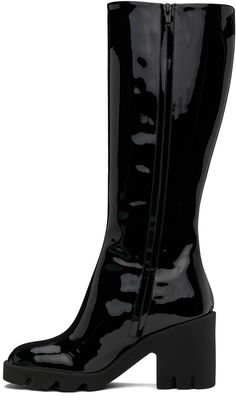 Knee-high patent leather boots in black. · Square toe · Zip closure at inner side · Buffed leather lining · Textured rubber midsole and block heel · Treaded rubber sole · Heel: H3.5 Supplier color: Black Sleek Glossy Boots For Evening, Sleek Patent Leather Platform Boots For Formal Occasions, Sleek Formal Patent Leather Platform Boots, Elegant Glossy Boots, Elegant Shiny Boots For Formal Occasions, Elegant Shiny Formal Boots, Elegant Formal Shiny Boots, Sleek Glossy Finish Evening Boots, Elegant Patent Leather Platform Boots With Reinforced Heel