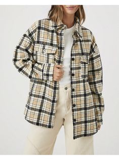 A woven shacket featuring an allover plaid pattern, basic collar, button-front closures, front chest flap and welt pockets with button closures, dropped long sleeves, and a dolphin hem.
- 58% poly, 19% acrylic, 11% rayon, 7% nylon, 3% wool, 2% other fibers
- Machine wash coldPlaid Button-Front Shacket Black Casual  Long Sleeve  Plaid    Women Clothing, size features are:Bust: ,Length: ,Sleeve Length: Plaid Collared Shacket With Snap Buttons, Classic Plaid Button-up Shacket, Collared Plaid Shacket With Snap Buttons, Plaid Shacket With Snap Buttons For Winter, Winter Plaid Shacket With Snap Buttons, Flannel Button-up Shacket For Work, Classic Button-up Flannel Outerwear, Classic Plaid Shacket With Pockets, Classic Flannel Outerwear With Button Closure