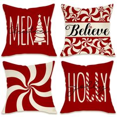 four red and white christmas pillows with merry lettering