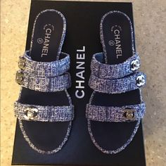 Authentic Chanel Slide Sandals. Blue. Size 38 But They Run Slightly Small. I Normally Wear Size 7-7.5 In Other Brands. Never Worn. Box, Dust Covers Included. Only Reasonable Offers Will Be Considered. Ridiculously Low Will Not Be. With Tax These Retail Over $1,000. Designer Blue Slip-on Sandals, Blue Flat Sandals For Formal Occasions, Elegant Blue Flat Heel Sandals, Elegant Blue Flat Sandals, Chanel Slides, Slip N Slide, Shoes Chanel, Chanel Sandals, Selling On Poshmark