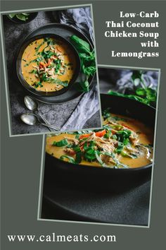 two pictures of soup with lemongrass and carrots in a black bowl on a gray background