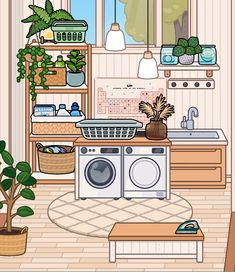 an illustration of a kitchen with plants on the counter and washing machine in the corner