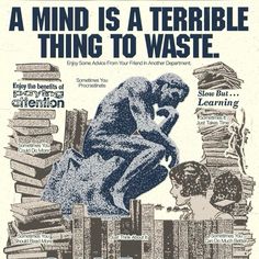 a poster with an image of a man sitting on top of a pile of books