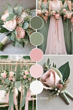 the bridesmaids are dressed in pastel pinks, green and peach tones