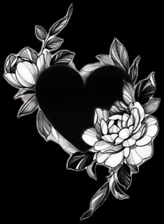 a black and white heart with flowers on the side, surrounded by leaves in the shape of a flower