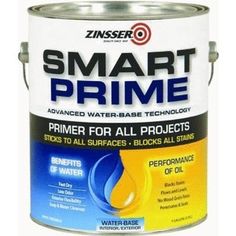 a white paint can with the words smart prime on it and an image of a water - based product