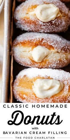 three donuts in a box with icing on top and the words classic homemade donuts above them