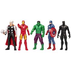 the avengers action figures are lined up in a row