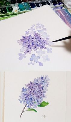 two pictures of watercolor flowers on paper with paintbrushes next to each other