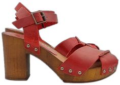 Red Leather Summer Clogs, Red Leather Clogs For Summer, Red Summer Clogs With Wooden Heel, Red Clogs With Wooden Heel For Summer, Casual Red High Heel Clogs, Casual Red Heels With Wooden Heel, Red High Heel Casual Clogs, Red High Heel Sandals With Wooden Heel, Casual Wooden Sandals For Summer