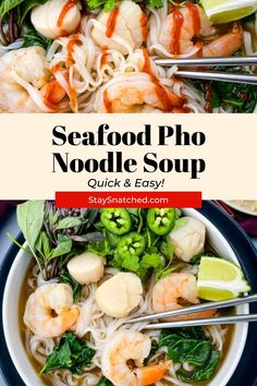 seafood pho noodle soup in a bowl with chopsticks