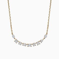 The Ecksand Multi-Shape Diamond Necklace shown with Natural VS2+/F+ in 14k Yellow Gold Necklace Drawing, Jewelry Wedding Rings, Recycled Gold, Three Stone, Diamond Gemstone, Diamond Cut, Chain Lengths, Prong Setting, Wedding Rings Engagement