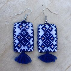 Very Cute ! Mexican Hand Embroidered Earrings Measurements In Photos New - No Tags - Hand Made Traditional Blue Earrings For Summer, Blue Woven Jewelry For Summer, Embroidered Blue Earrings For Gift, White Woven Earrings For Gift, Traditional Blue Woven Jewelry, Native Mexican, Jewelry Mexican, Aztec Earrings, Flower Cross Stitch