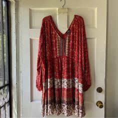 Super Cute Red Boho Style Dress. Perfect For A Country Concert Or Pair It Up With Some Boots Or Wedges. Light Weight And Perfect For A Date Night. Red Boho Dress For Beach In Fall, Red Flowy Boho Dress For Fall, Red Long Sleeve Boho Print Dress, Red Boho Tunic Dress For Spring, Red Long Sleeve Rayon Dress, Flowy Red Boho Dress With Boho Print, Flowy Red Boho Print Dress, Boho Long Sleeve Dress, Long Sleeve Boho Dress