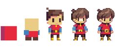 some pixel art with people standing next to each other and one is wearing a red shirt