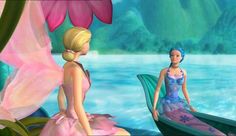 two animated women are sitting in small boats on the water and one is wearing a pink dress