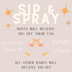 Enjoy the colder months with a fresh new tan and a glass full of wine. Grad your girlfriends and enjoy this deal, while it lasts. Hosts will receive 50% off their tan while guests receive $10 off their service. Cheers! Spray Tan Vendor Booth Ideas, Spray Tan Pop Up Event, Spray Tan Membership, Thanksgiving Spray Tan, Spray Tan Party Ideas, Spray Tan Advertising Ideas, Spray Tan Social Media Posts, Spray Tan Post Ideas, Spray Tan Salon Decor