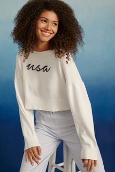 Cool and cute in embroidered details, this pullover features intricate embroidery of USA on the front, adding a touch of Americana charm to any outfit. Unique Fall, Knit Sweaters, Embroidered Details, Intricate Embroidery, Mini Dress Shop, Knit Pullover, Casual Dinner Outfit, Knitted Pullover Sweaters