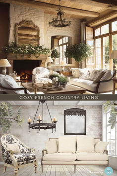 two pictures of living room furniture in different styles and colors, with the words cozy french country living above them