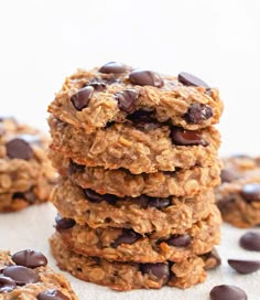 chocolate chip oatmeal cookies stacked on top of each other