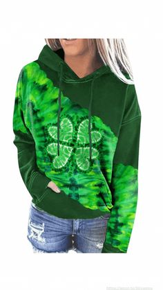 Women's St. Patrick's Day Long Sleeve Hoodie with Pocket. #sweatshirt #winter #stpattyday #hoodie #warm #clover #shamrock #fashion #cozy #warm Color Block Hoodie, Color Block Sweatshirt, French Terry Hoodie, Green Hoodie, Sweat Hoodie, Hooded Shirt, Hoodies Design