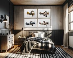 a bedroom with three pictures hanging on the wall above the bed and below the bed is a striped rug