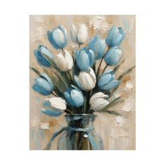 a painting of blue and white tulips in a vase on a beige background