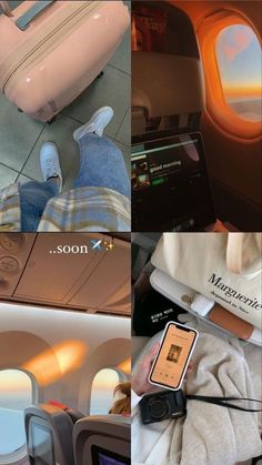 four different pictures with people sitting in seats and looking at their cell phones while on the plane