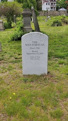 a grave in the middle of a grassy area with trees and houses behind it on either side