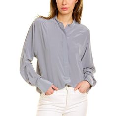 Equipment Femme Ramonna Silk Shirt The Color Is Like A Smokey Blue-Grey Color. Gray Relaxed Fit Button-up Top, Gray Long Sleeve Tops For Daywear, Gray Button-up Top For Work, Gray Blouse For Office In Spring, Gray Shirt For Spring Workwear, Spring Gray Blouse For Office, Gray Shirttail Hem Top For Spring, Spring Workwear Gray Shirt, Spring Gray Office Blouse