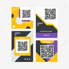 three yellow and purple boarding cards with qr - code on the front, one in white