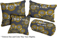 four pillows with measurements for each pillow size and color may vary from 20 to 28 inches