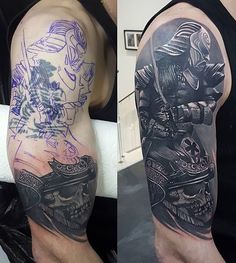 two different tattoos on one arm and the other with an image of a man riding a motorcycle