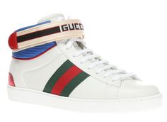 GUCCI Men's White New Ace Stripe High Top Sneaker N4604 Size 7 G / 7.5 US Details Web striping angles up the sides of a high-top sneaker detailed with signature snake detailing at the heel and a padded cuff cinched by a jacquard logo strap. -Lace-up style; hook-and-loop ankle strap -Removable insole -Leather and synthetic upper and lining/rubber sole -Made in Italy -255 High Top Sneaker, Gucci Men, Up Styles, Mens Casual Shoes, Puma Sneaker, High Top, Ankle Strap, High Top Sneakers, High Tops